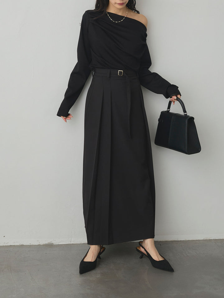 【SET】【Essential】2wayショルダードレープカットトップス+【Essential】ベルト付きサイドタックスカート(2set)