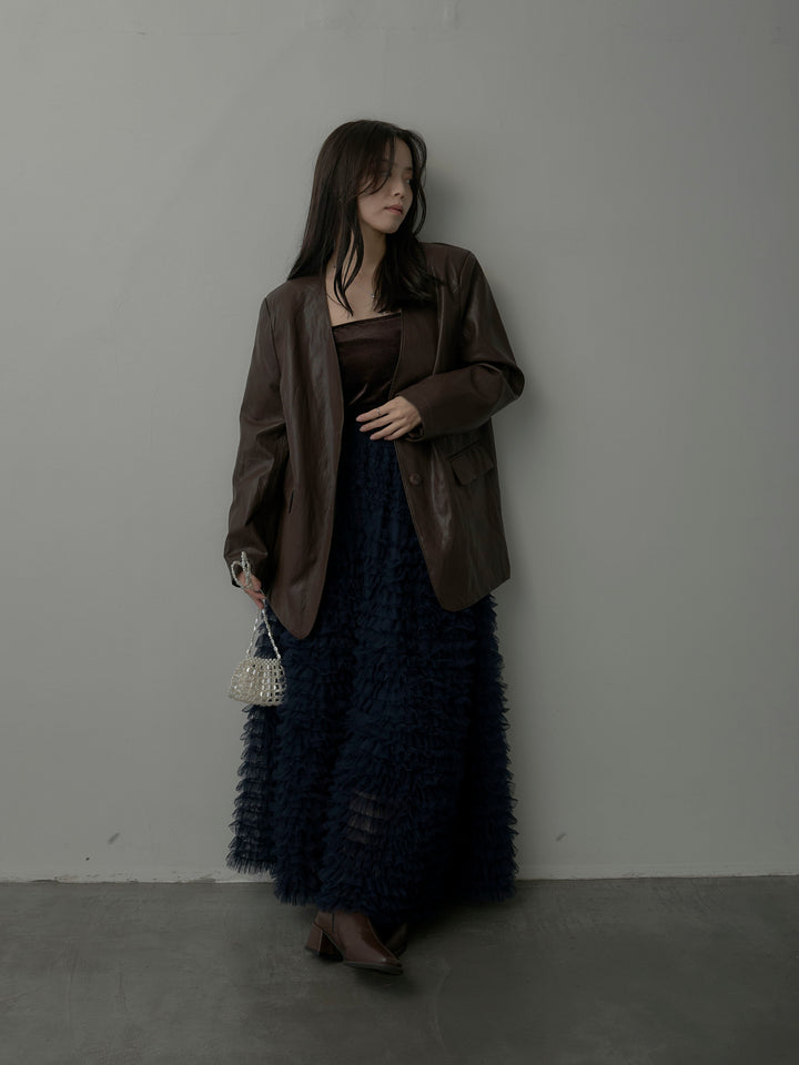 【SET】レザーノーカラージャケット+ドラマチックフリルチュールスカート(2set)