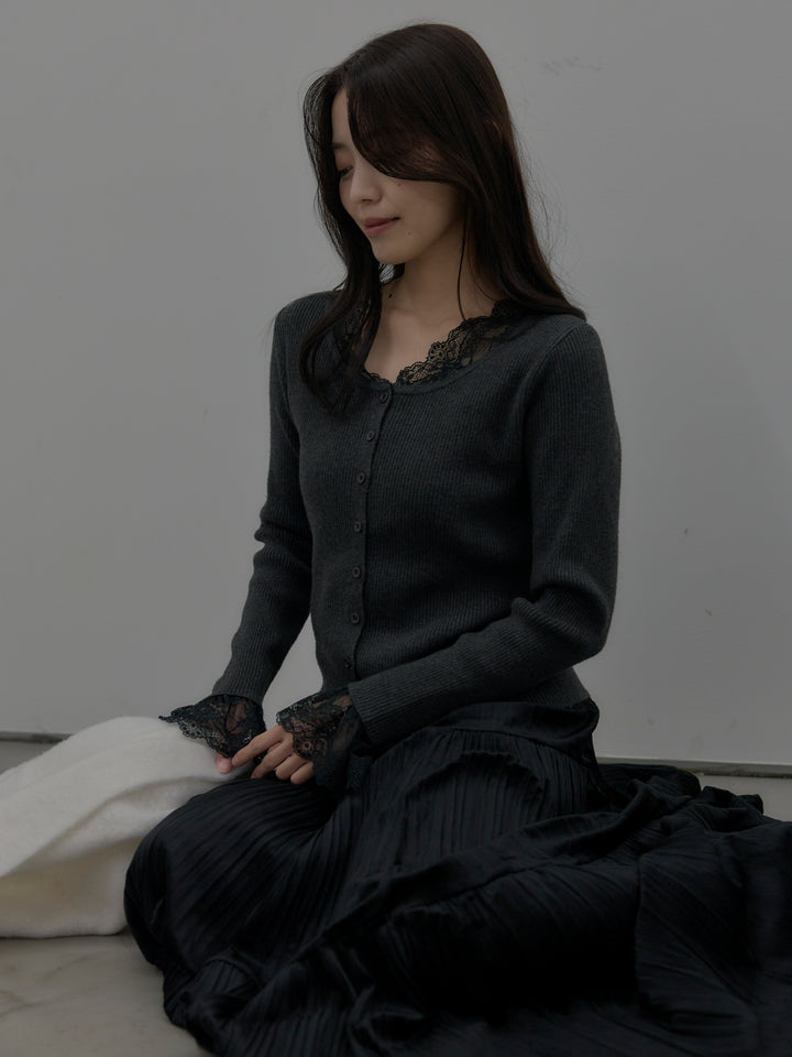 【SET】レースドッキングリブニットトップス+ベロアプリーツティアードスカート(2set)