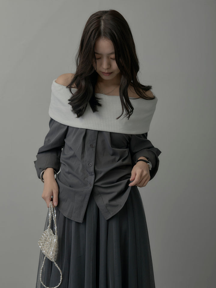 【SET】ニットシャツドッキングオフショルトップス+ボリュームチュールスカート(2set)