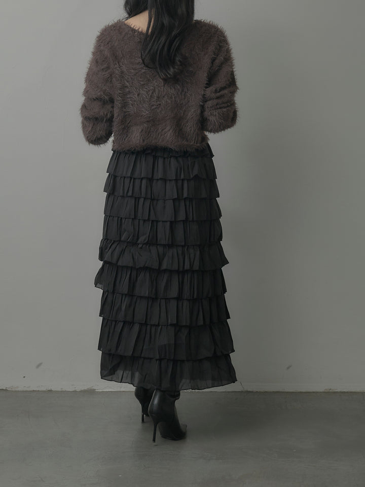 【SET】襟デザインシャギーニットトップス+バイカラーフリルチュールスカート(2set)