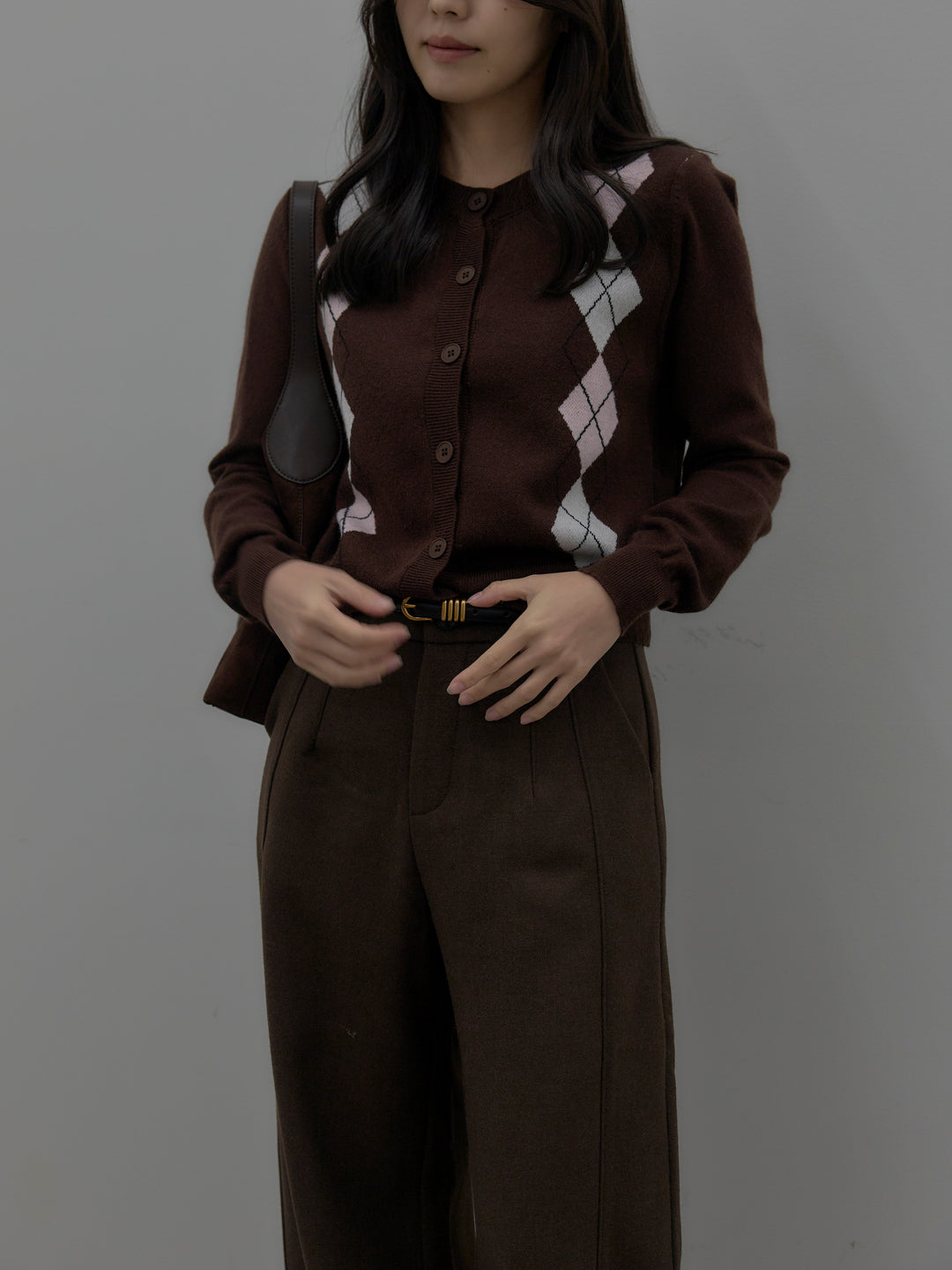 【SET】アーガイル柄ニットカーディガン+裏起毛デザインワイドパンツ(2set)