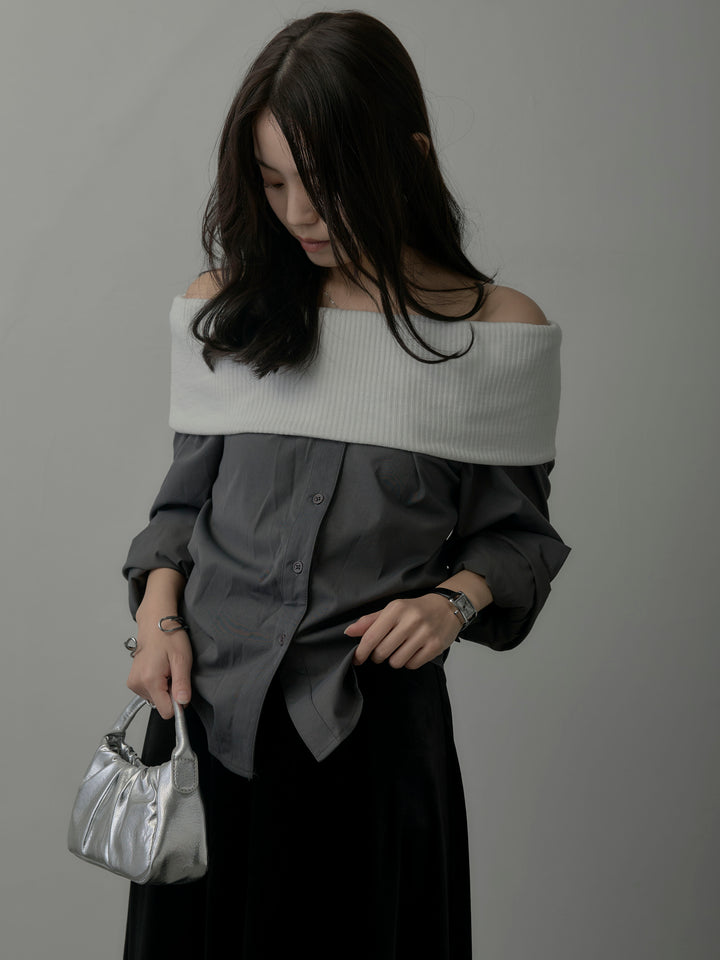 ニットシャツドッキングオフショルトップス