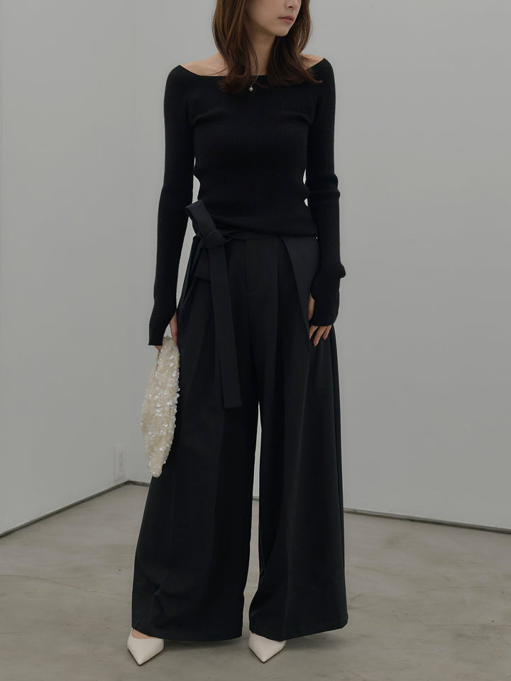 【SET】スクエアネックリブニット+ウエストリボンワイドパンツ(2set)