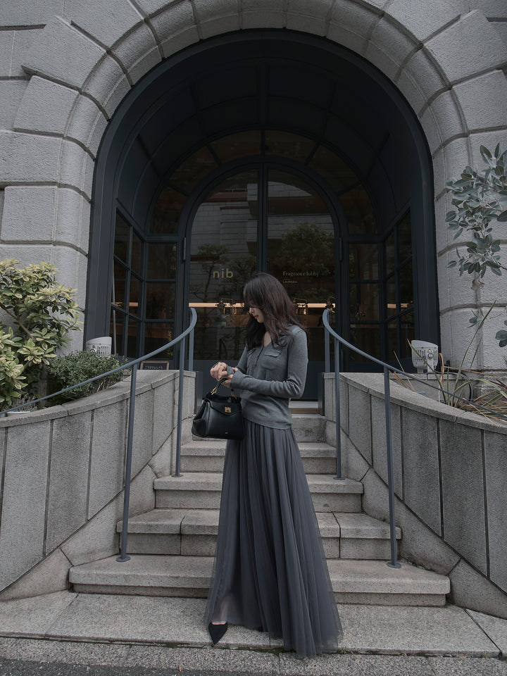 【SET】ポケットデザインリブニットトップス+ボリュームチュールスカート(2set)