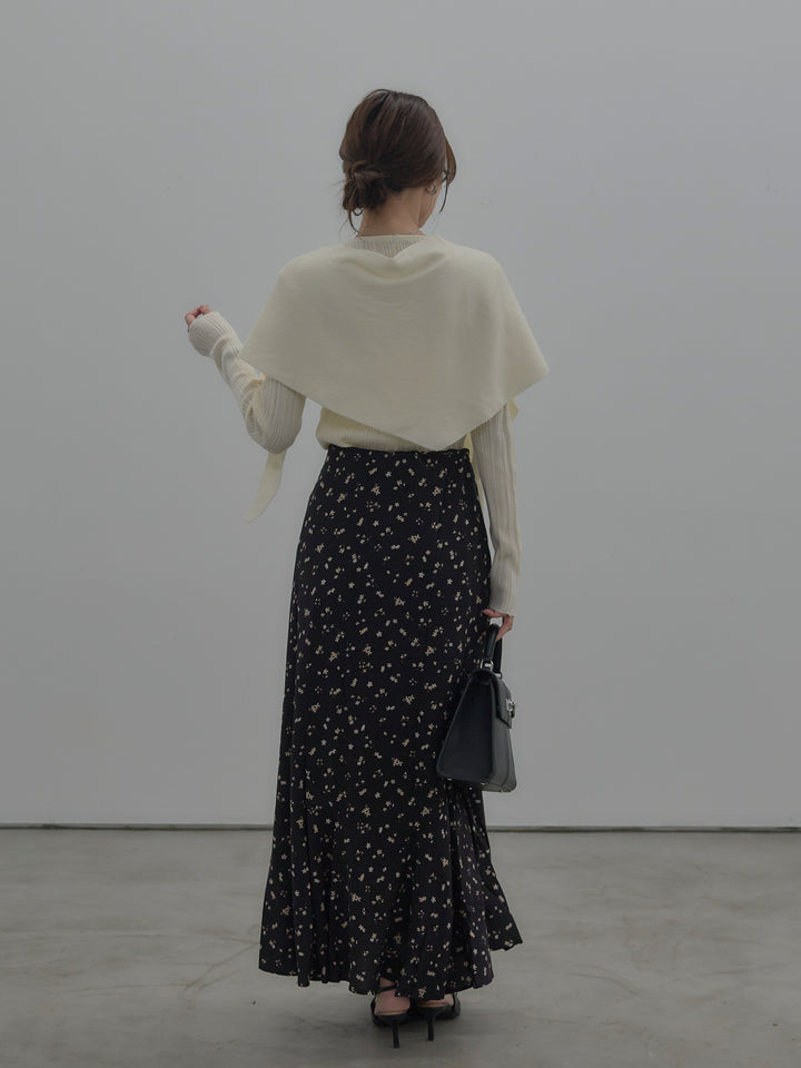 【SET】ニットスカーフ付きリブニットトップス+フラワーパターンマーメイドフレアスカート(2set)