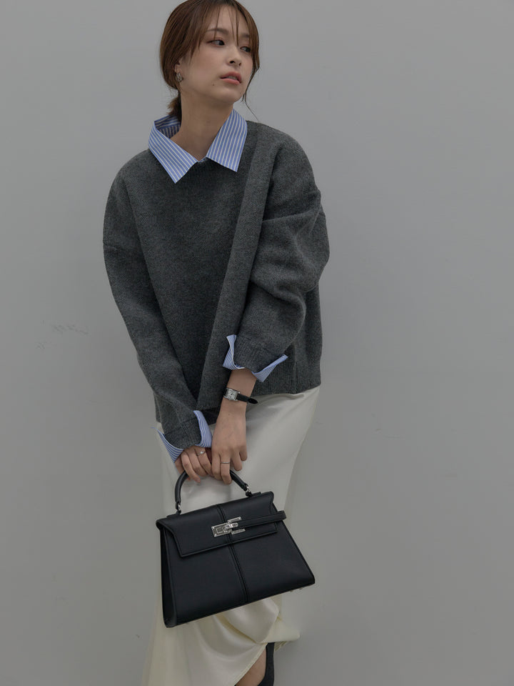 【SET】シャツドッキング肉厚ニットプルオーバー+ナローAラインサテンスカート(2set)