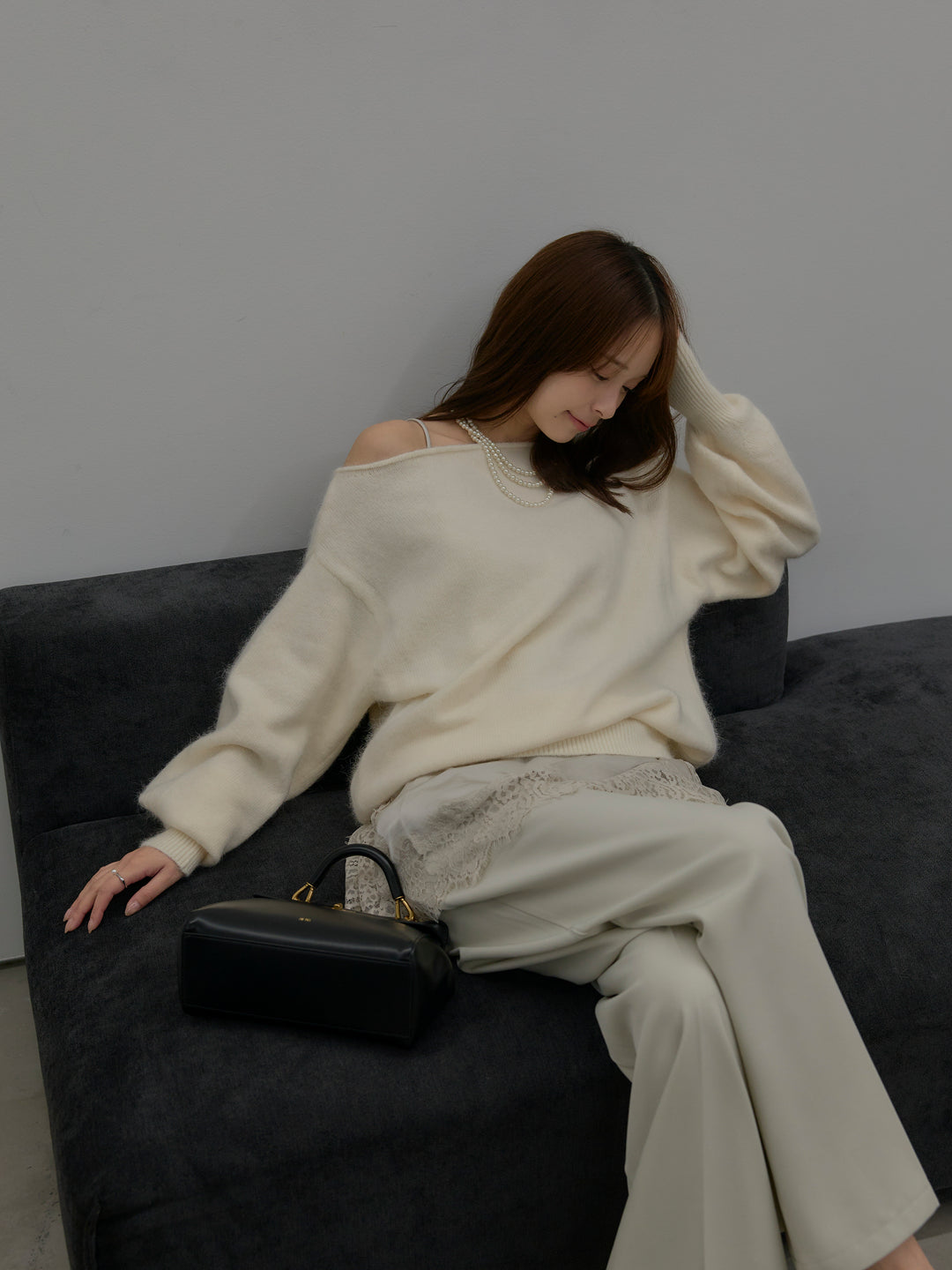 【SET】【premium touch】2wayショルダーニットプルオーバー+レースサテンキャミソール(2set)