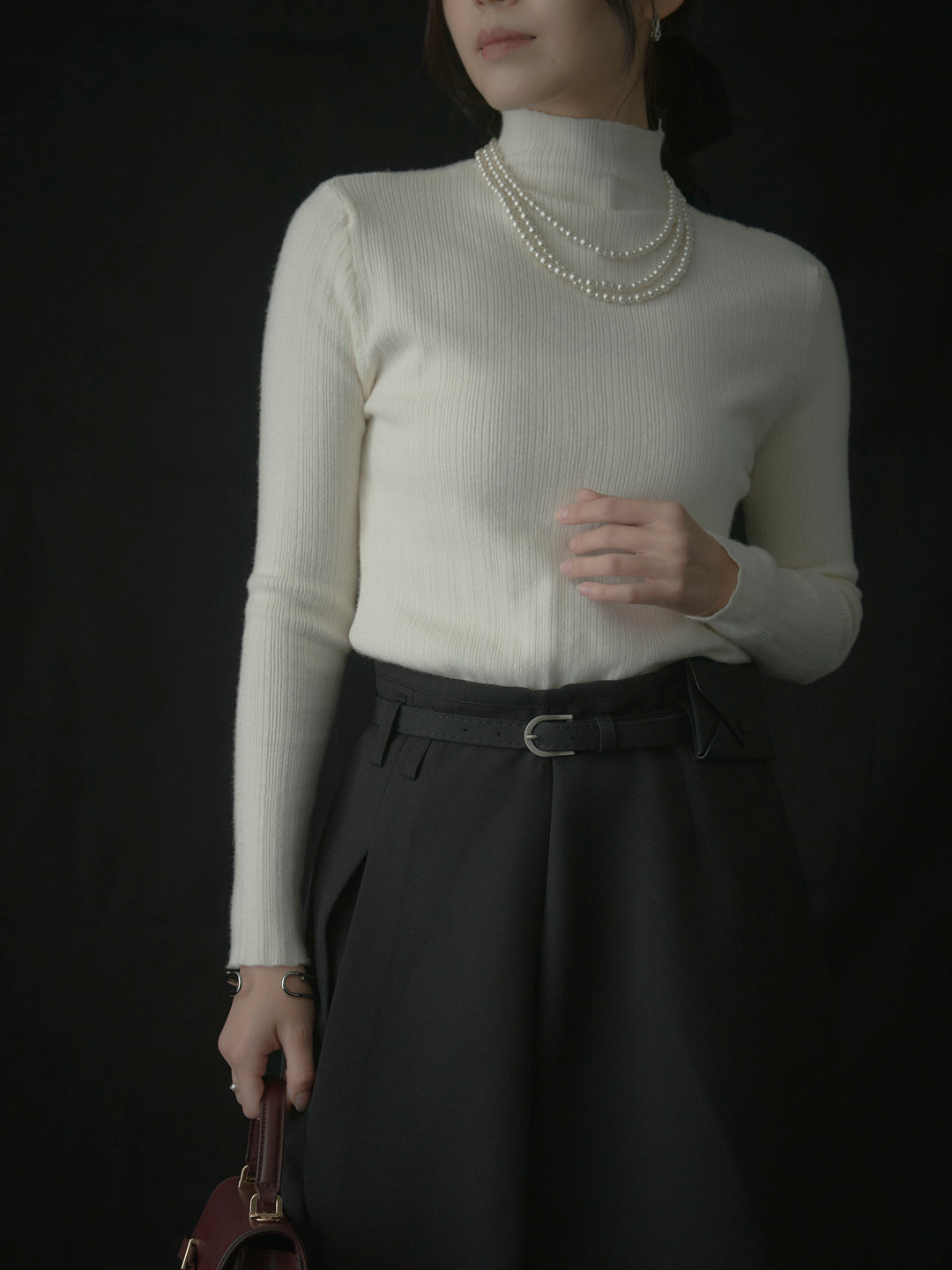 【SET】リブニットタートルネック+ウエストポーチ付きミディスカート(2set)