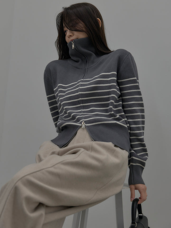 【SET】ダブルZIPハイネックボーダーニットトップス+裏起毛センターシームタックワイドパンツ(2set)