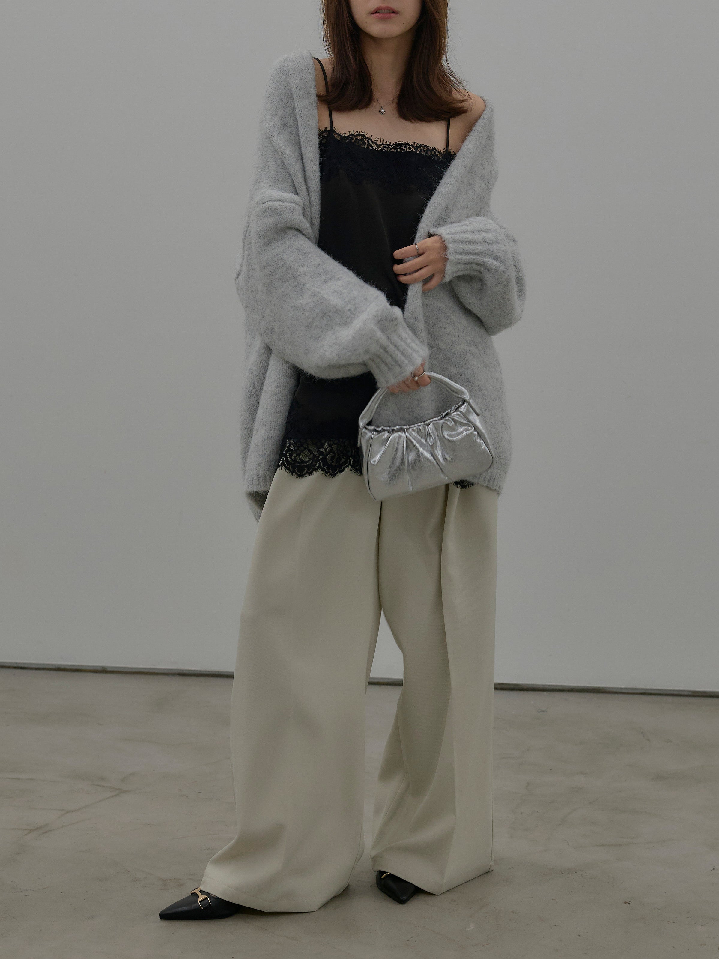 SET】モヘアライクオーバーニットカーディガン+レースサテン