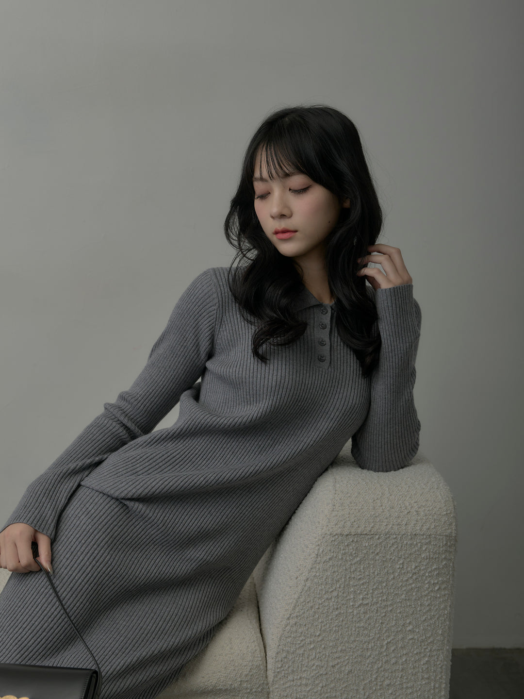 ポロ襟リブニットワンピース