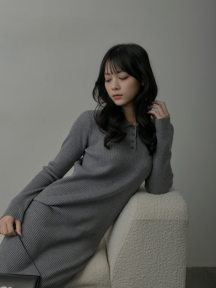 ポロ襟リブニットワンピース