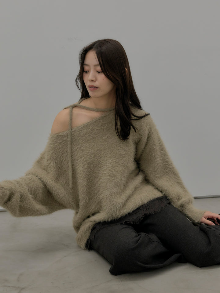 【SET】ネックリボンワンショルダーシャギーニット+レースレイヤードセミフレアパンツ(2set)