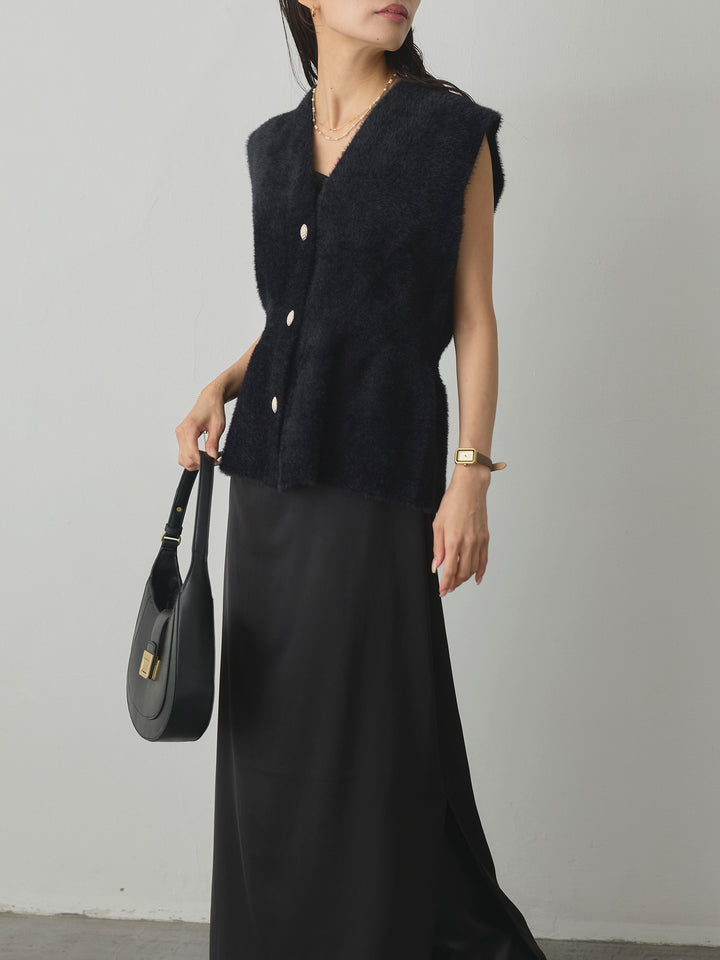 【SET】シャギーニットペプラムベスト+【Essential】サテンドレープキャミワンピ(2set)