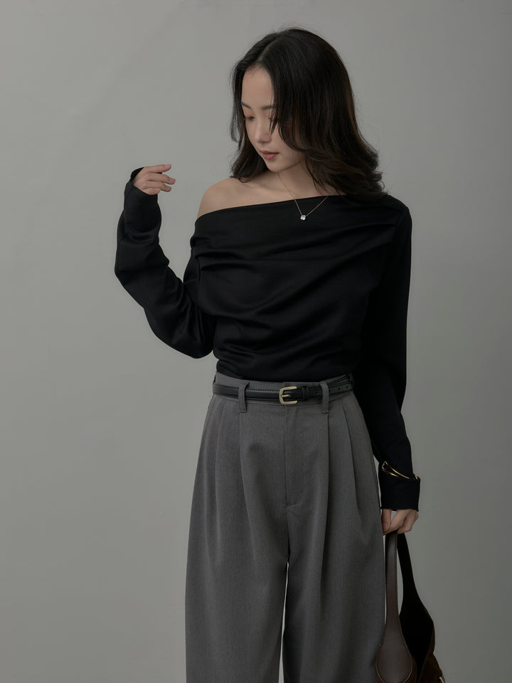 【SET】【Essential】2wayショルダードレープカットトップス+【Essential】３タックスラックス(2set)