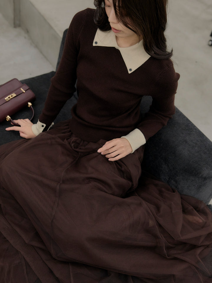 【SET】配色カフスニットポロ+ボリュームチュールスカート(2set)