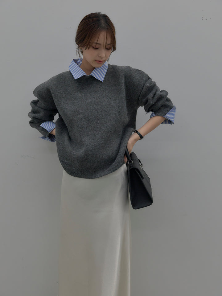 【SET】シャツドッキング肉厚ニットプルオーバー+ナローAラインサテンスカート(2set)