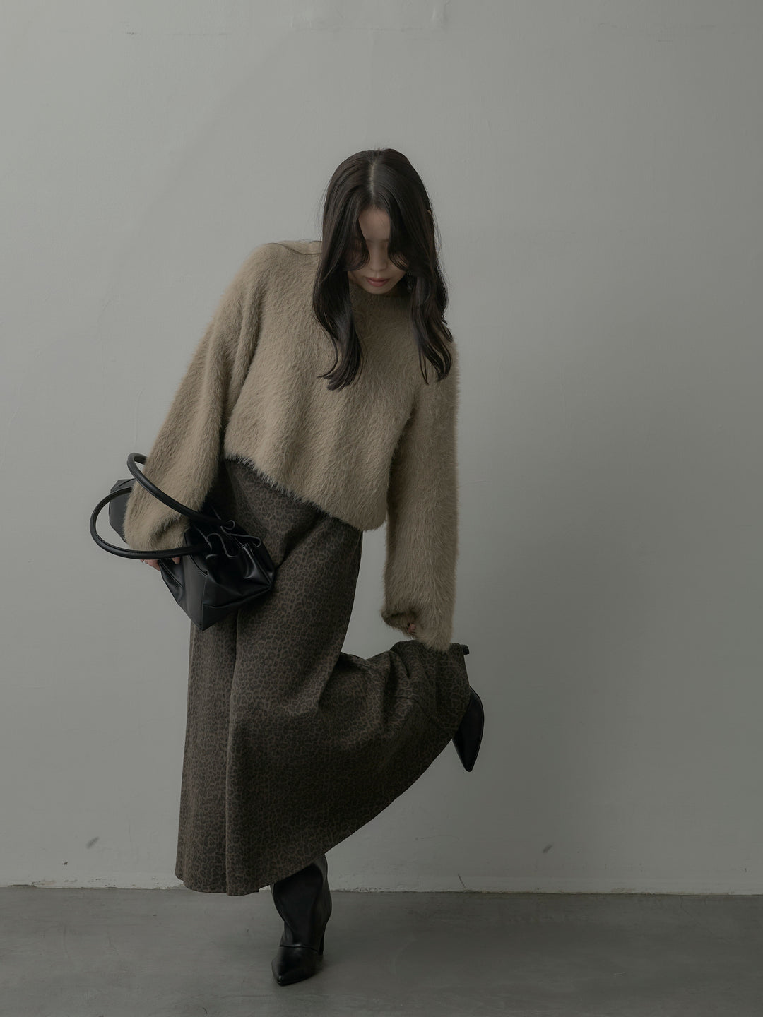 レオパードウールタッチフレアスカート