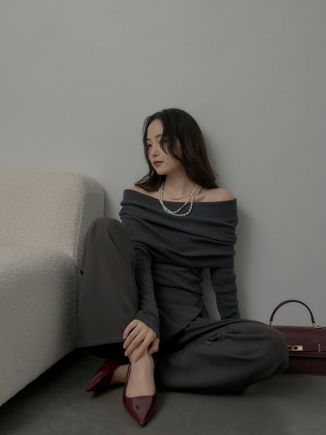 [予約]オフショルリブニットトップス