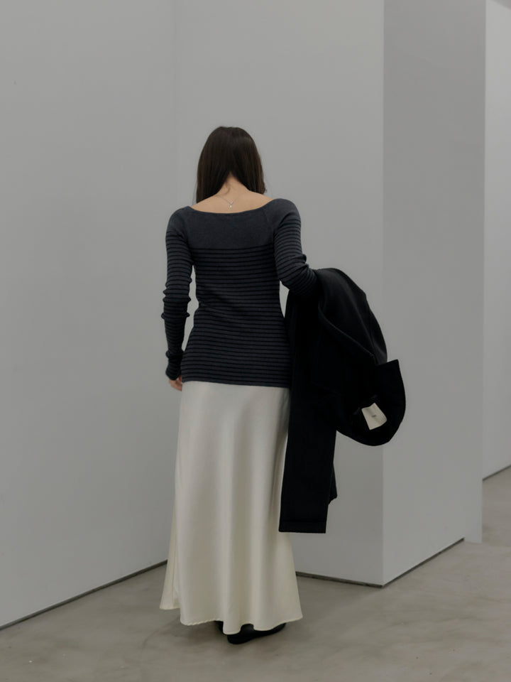 【SET】ハーフボーダーニットトップス+ナローAラインサテンスカート(2set)