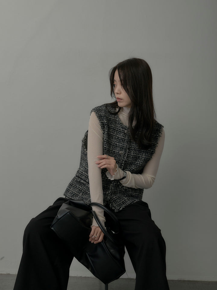 【SET】ツイードフリンジベスト+メロウフリルシアートップス+【ロープベルト付属】ウールタッチワイドパンツ(3set)