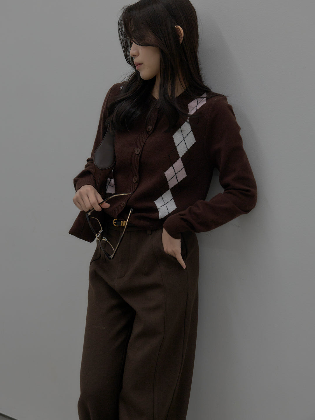 【SET】アーガイル柄ニットカーディガン+裏起毛デザインワイドパンツ(2set)