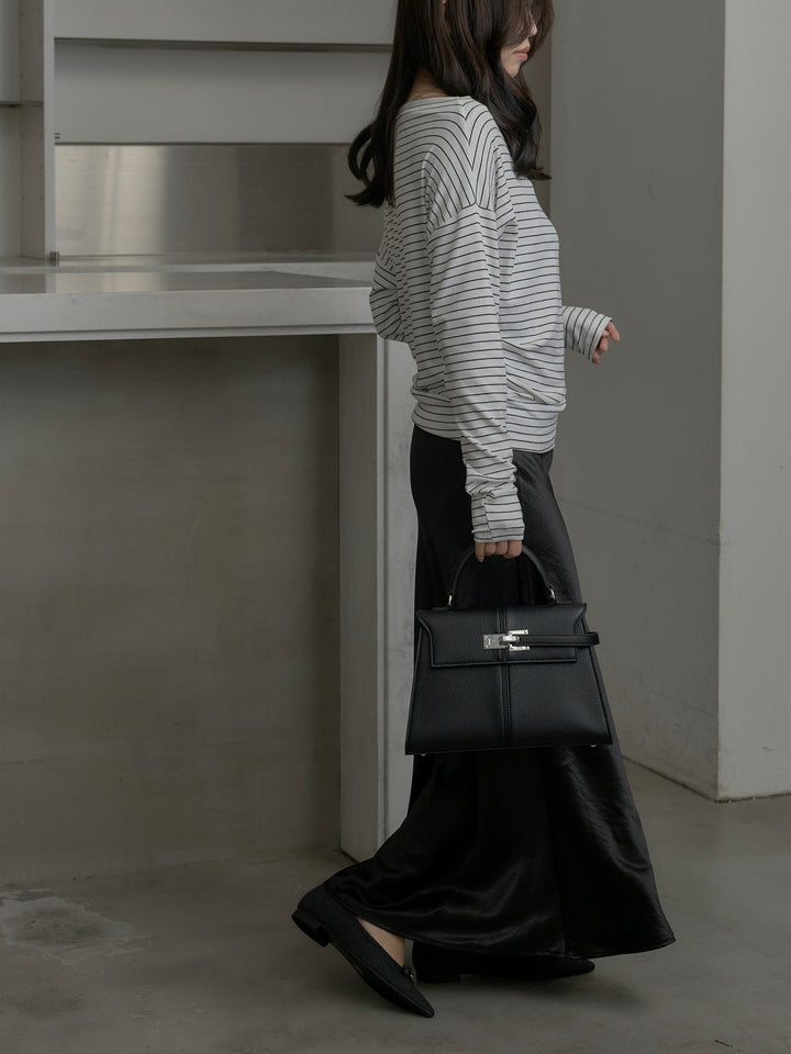 【SET】2wayショルダーボーダートップス+ナローAラインサテンスカート(2set)