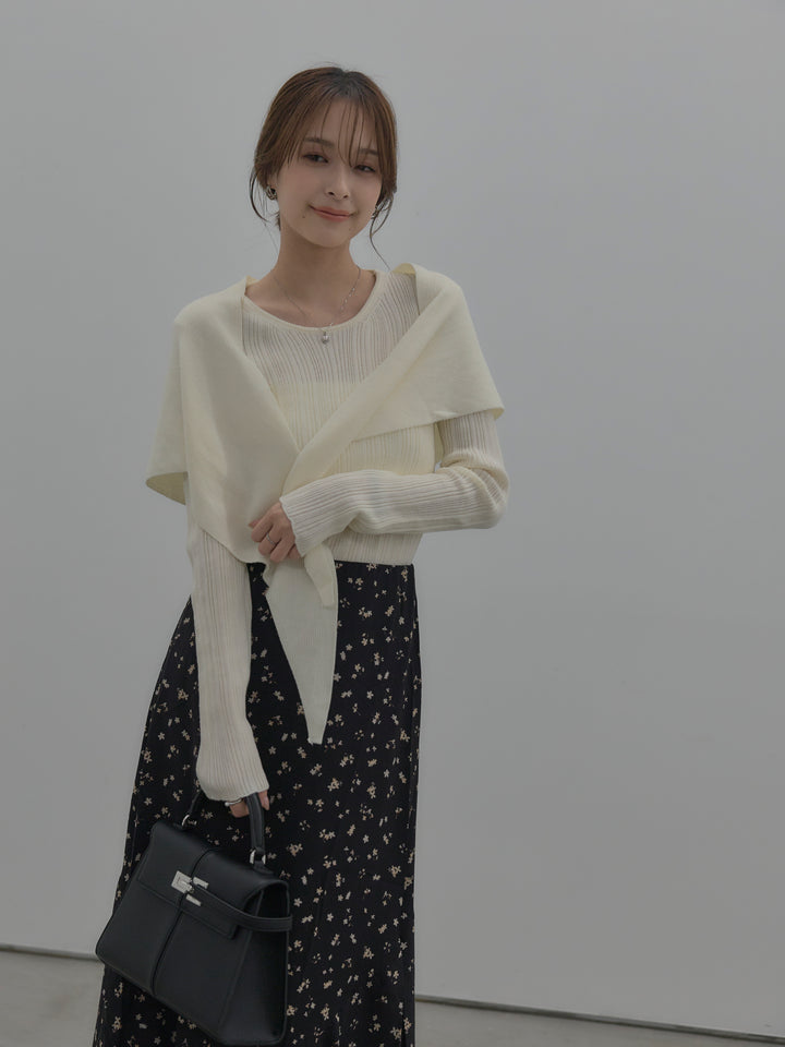 ニットスカーフ付きリブニットトップス