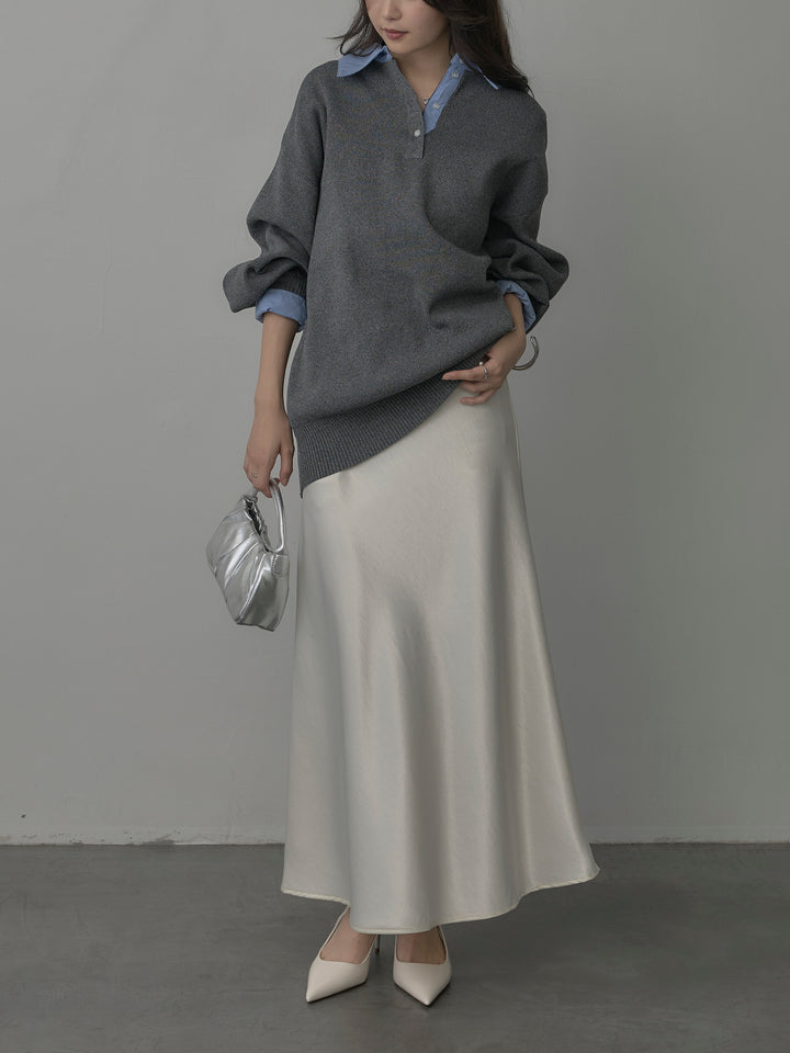 【SET】襟付きポロトップス+ナローAラインサテンスカート(2set)