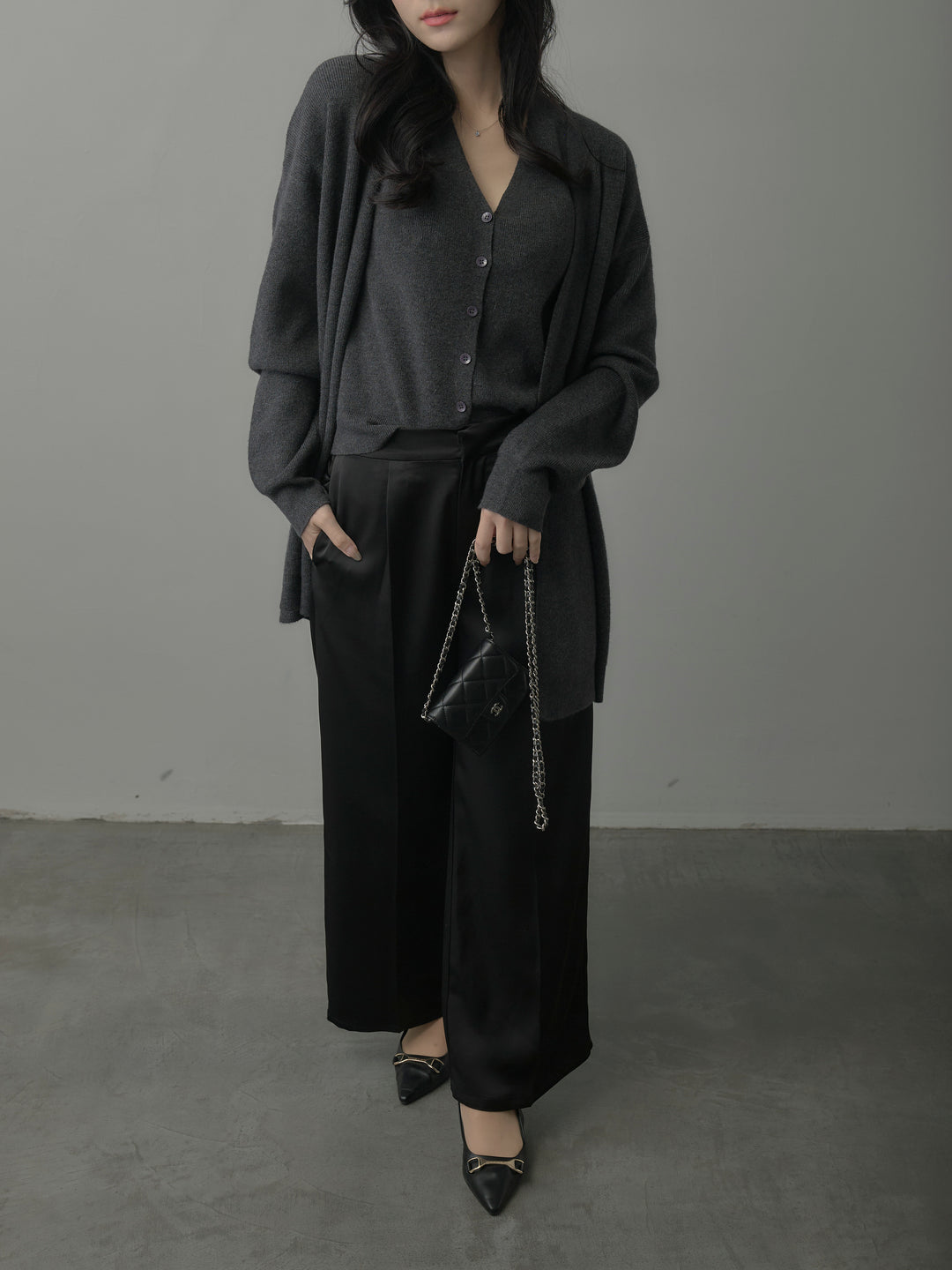 【SET】カーディガン&ニットベストアンサンブルSET+【Essential】センタープレスサテンパンツ(2set)