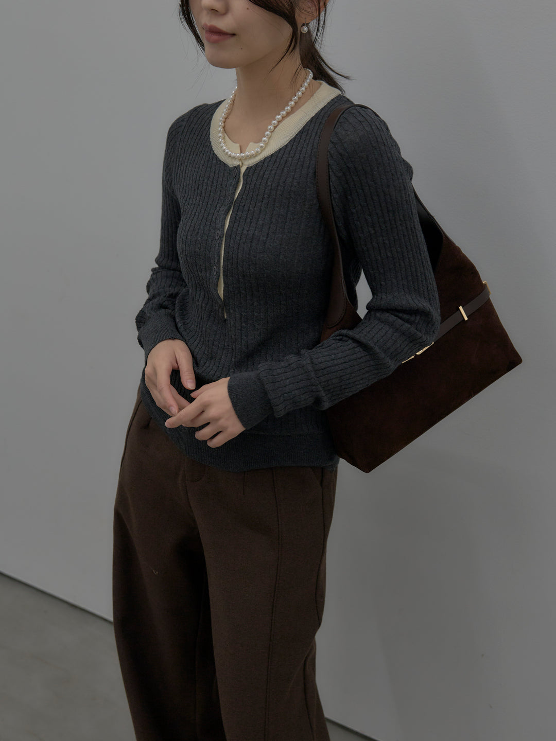 【SET】配色ケーブル編みニットトップス+裏起毛デザインワイドパンツ(2set)