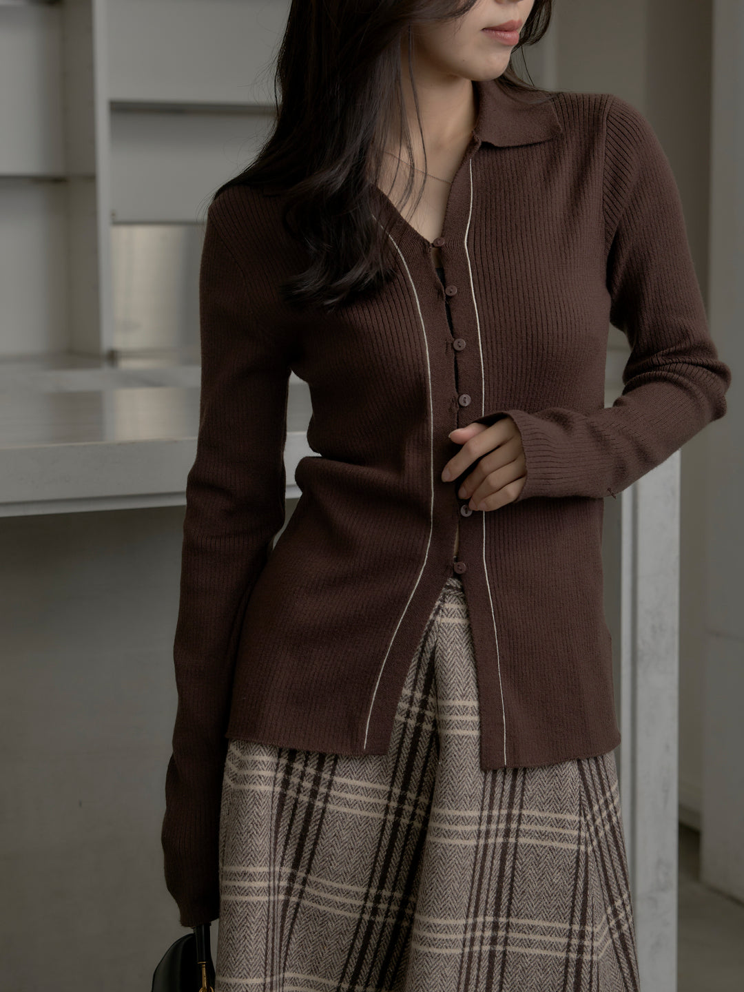 【SET】リブ配色ラインポロニットカーディガン+【Essential】クラシカルチェックウールタッチスカート(2set)