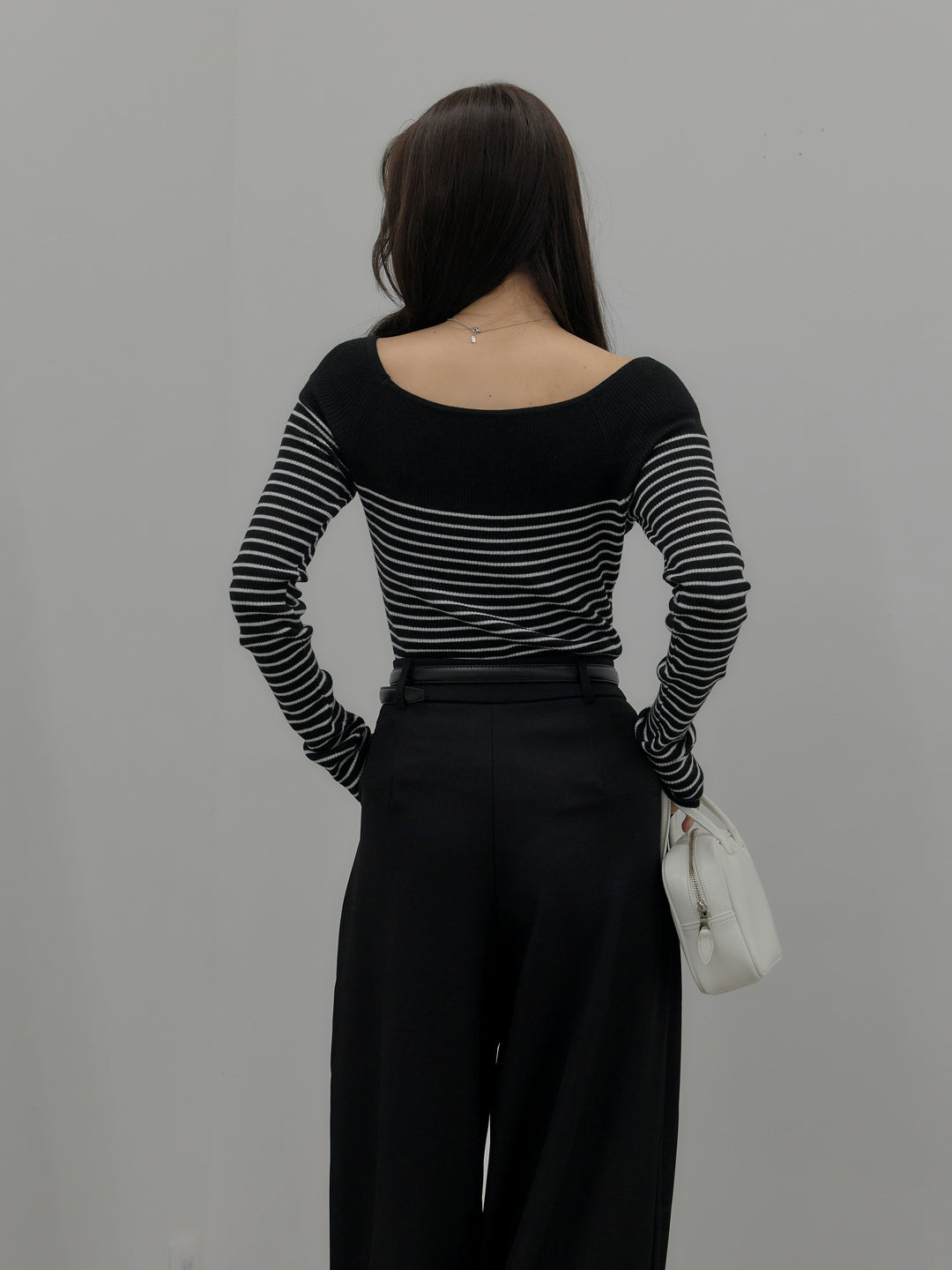 【SET】ハーフボーダーニットトップス+デザインタックワイドパンツ(2set)