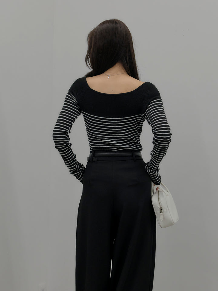 【SET】ハーフボーダーニットトップス+デザインタックワイドパンツ(2set)