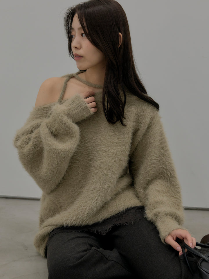 【SET】ネックリボンワンショルダーシャギーニット+レースレイヤードセミフレアパンツ(2set)