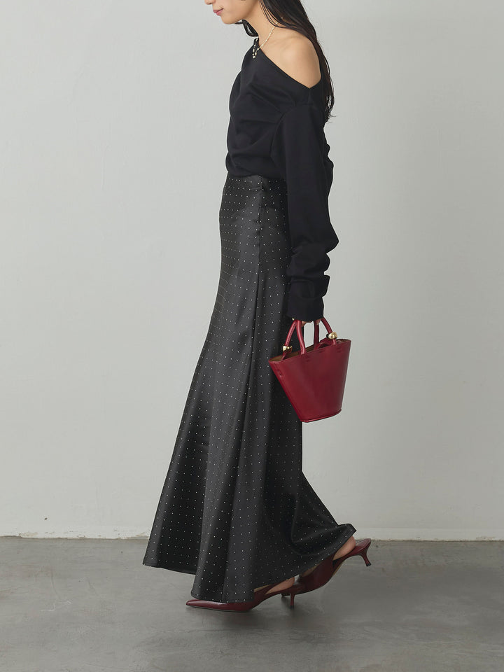 【SET】【Essential】2wayショルダードレープカットトップス+ドットサテンスカート(2set)