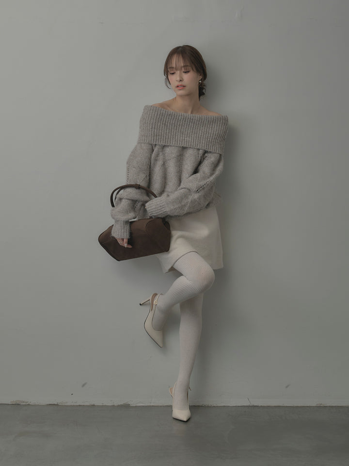 【SET】メランジニットオフショルトップス+ブークレ台形ミニスカート (2set)