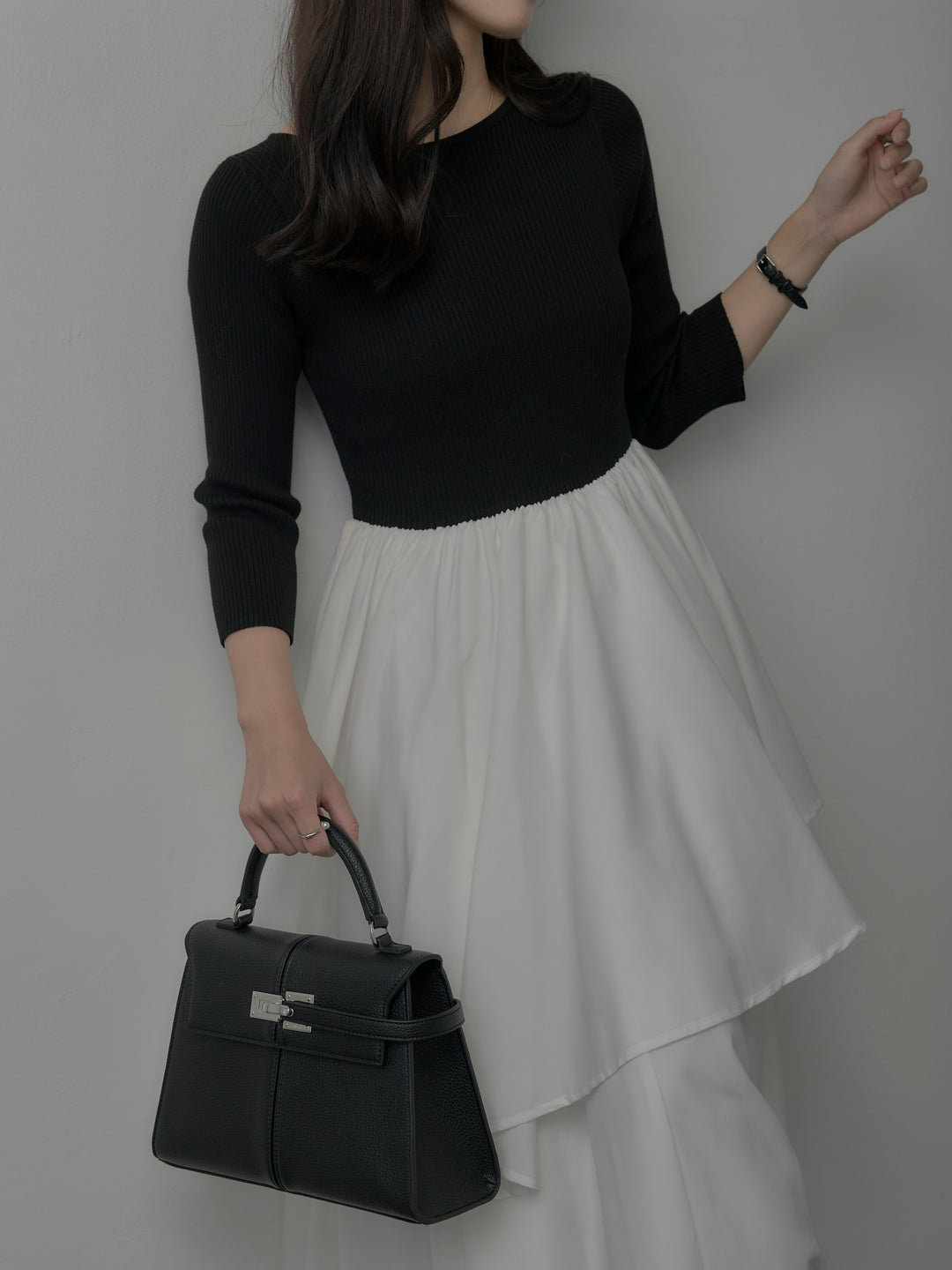 【Essential】7部袖リブドッキングワンピース