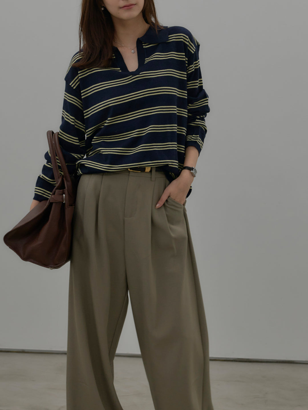 ボーダーポロ襟ニットプルオーバー