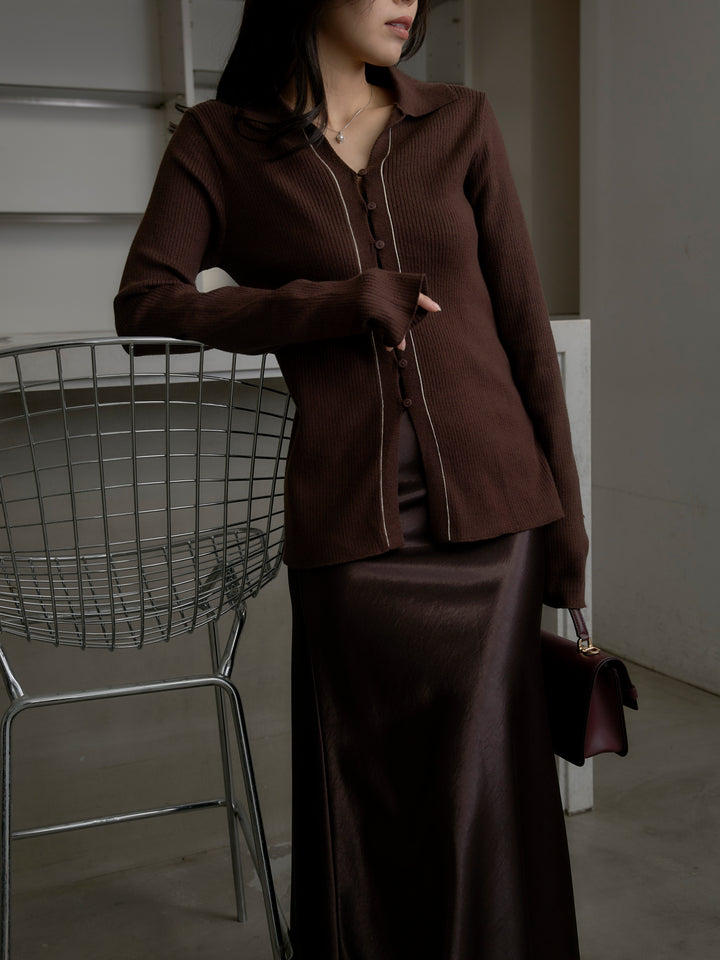 【SET】リブ配色ラインポロニットカーディガン+リブ配色ラインポロニットカーディガン(2set)