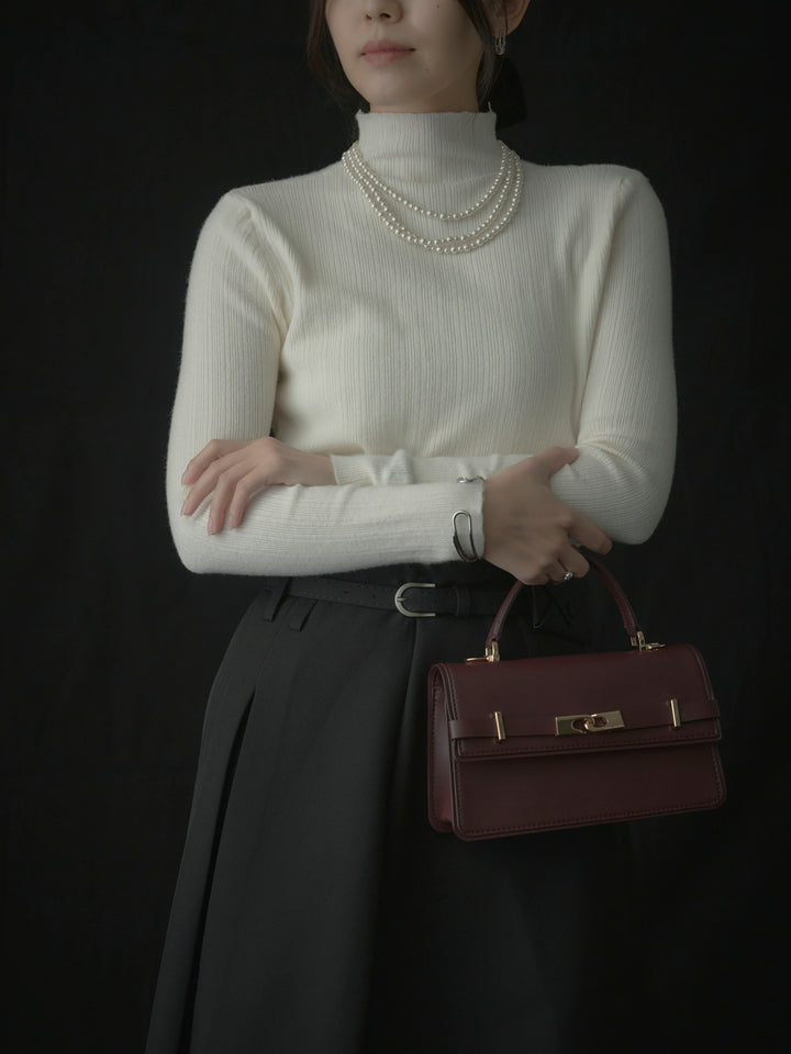 【SET】リブニットタートルネック+ウエストポーチ付きミディスカート(2set)