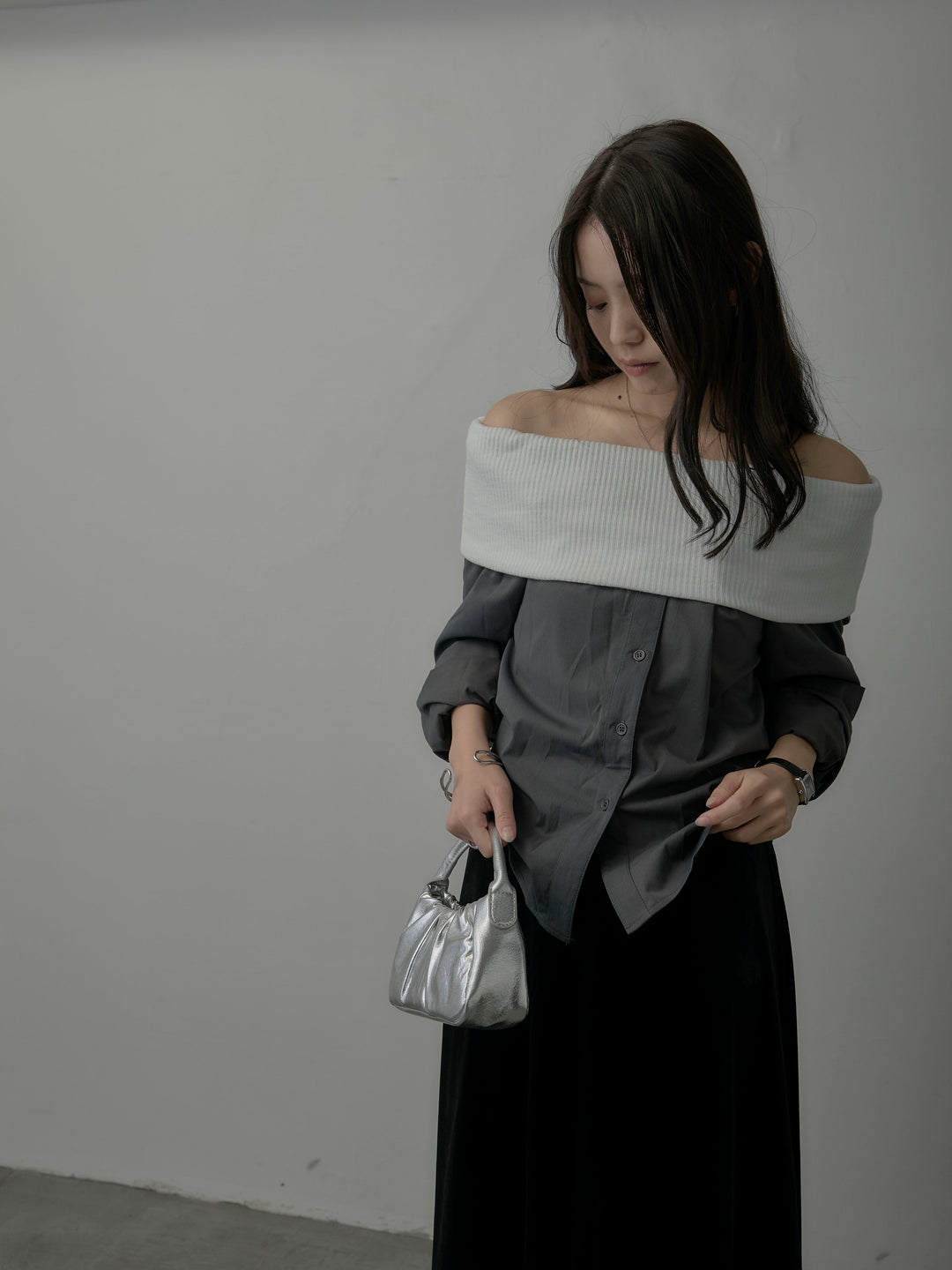 ニットシャツドッキングオフショルトップス