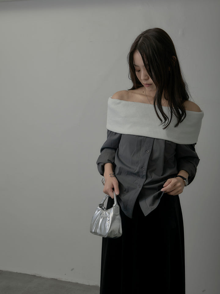 ニットシャツドッキングオフショルトップス