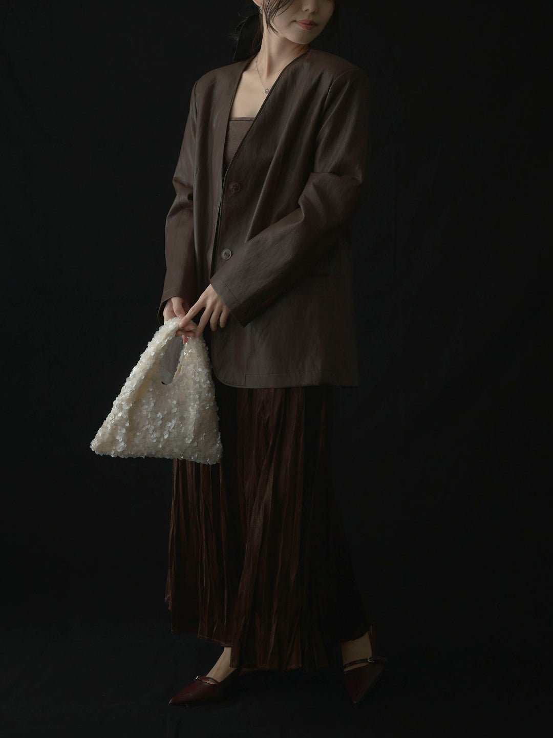 【SET】レザーノーカラージャケット+ベロアワッシャープリーツスカート(2set)