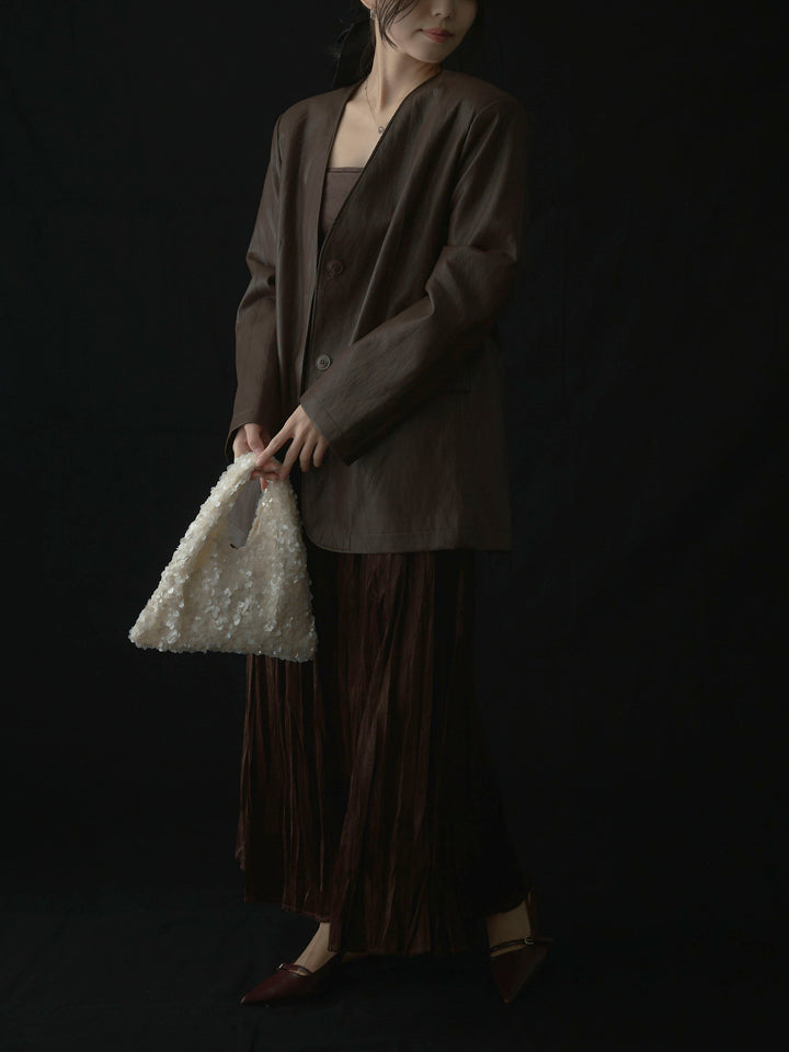 【SET】レザーノーカラージャケット+ベロアワッシャープリーツスカート(2set)