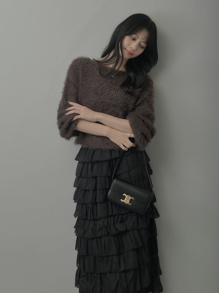 襟デザインシャギーニットトップス