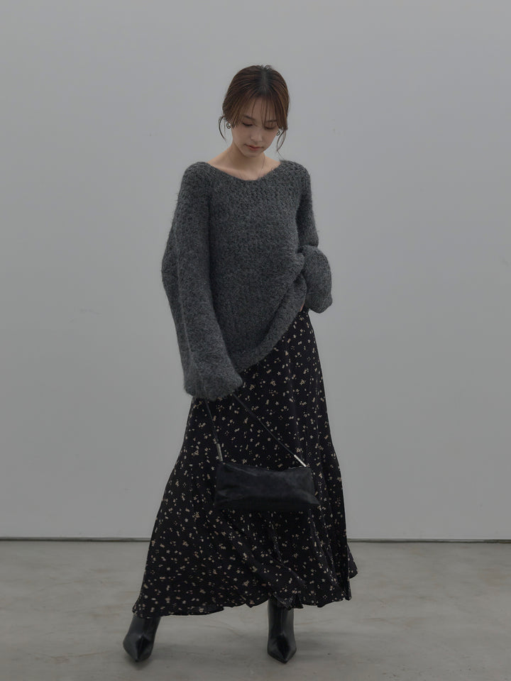【SET】ラメ糸ローゲージ編みオーバーニットトップス+フラワーパターンマーメイドフレアスカート(2set)