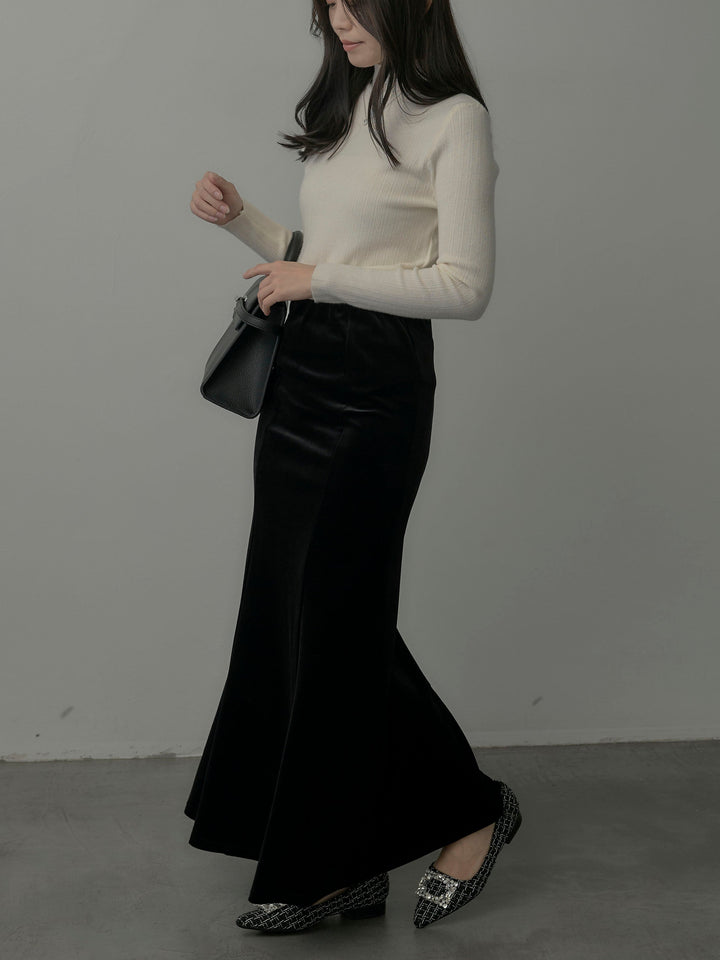 【SET】リブニットタートルネック+ベロアマーメイドスカート(2set)