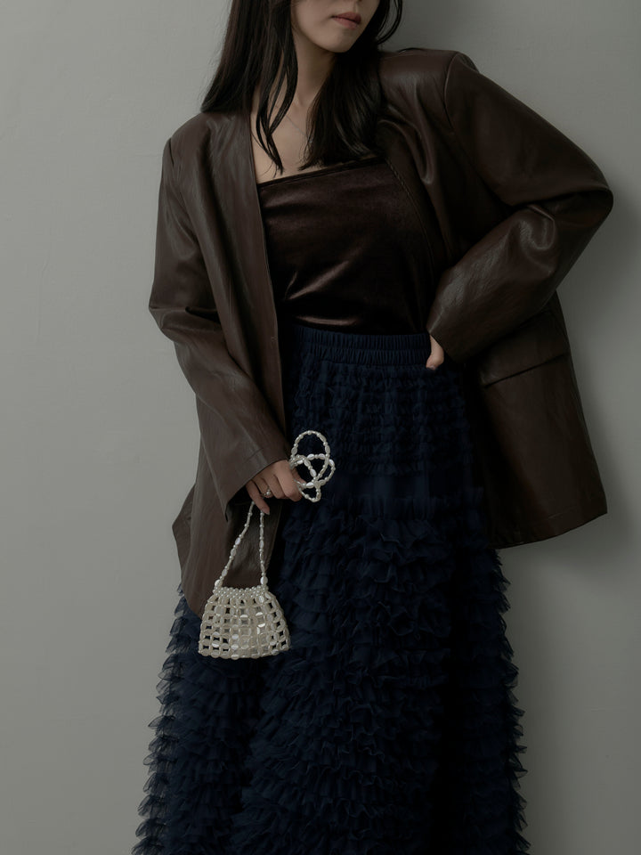 【SET】レザーノーカラージャケット+ドラマチックフリルチュールスカート(2set)